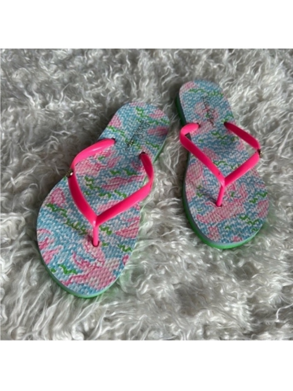 Lilly Pulitzer Pool Flip Flops Lobstah Roll Sz 7/8 Pink Blue Rubber